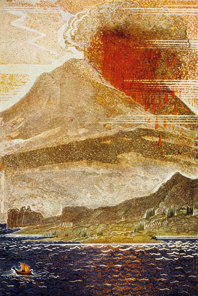 Odysséen av Homere : Odysseus närmar sig vulkanen Cyklopens ö, graverad av Theo Schmied, 1930-33 färglitografi av Francois Louis Schmied