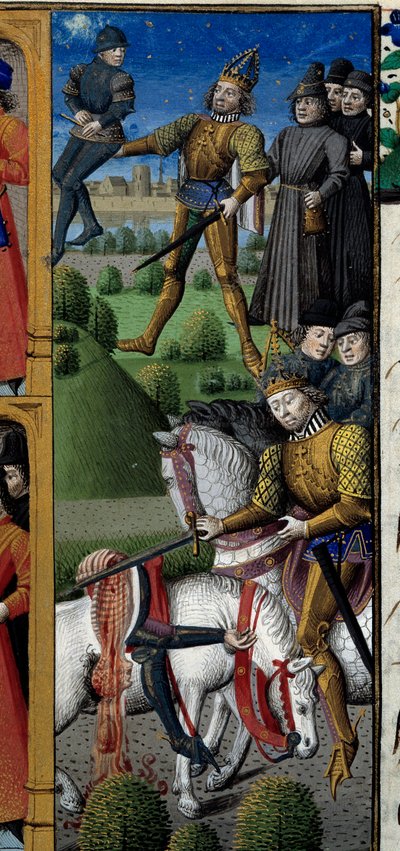 Scener från Karl den Stores liv (742-814) Frankernas kung: stridsplats. Apa. Miniatyr hämtad från manuskriptet "Speculum historiale"" (Le Mirror historial) av Vincent de Beauvais (1184/94-1264) upplyst av mästaren Francois (1400-talet) av Maître François