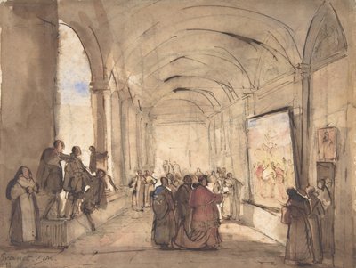 En kardinal undersöker en målning i ett kloster, första hälften av 1800-talet. av Francois Marius Granet
