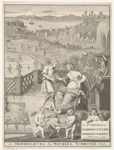 Holländsk jungfru får blommor av en trädgårdsmästare Titelsida för: Carolus Tuinman, Uppkomsten och tolkningen av (...) Nederduitsche ordspråk, 1726. av Francois Morellon la Cave
