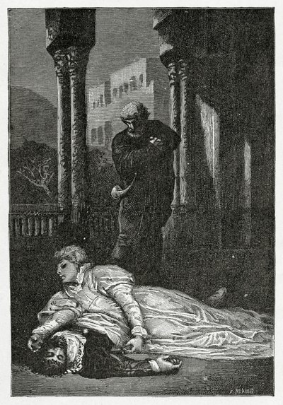 Dona Sol dör på Hernanis lik, 1800-talet (bw-gravyr) av Francois Nicolas Chifflart