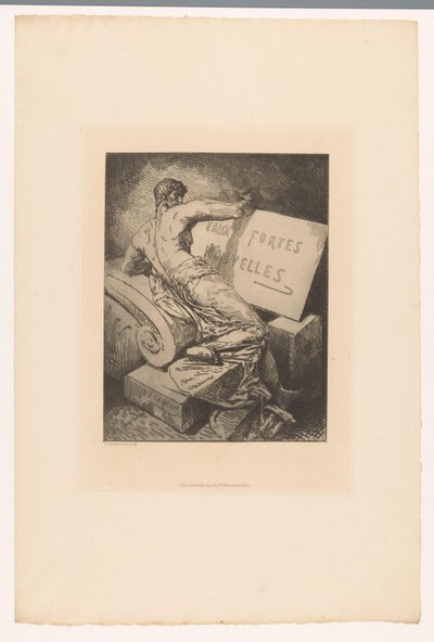 Titeltryck med man på stenmonument Eaux Fortes Nouvelles (titel på objekt) Etsningar av olika grafiker från 1877 (serietitel) L