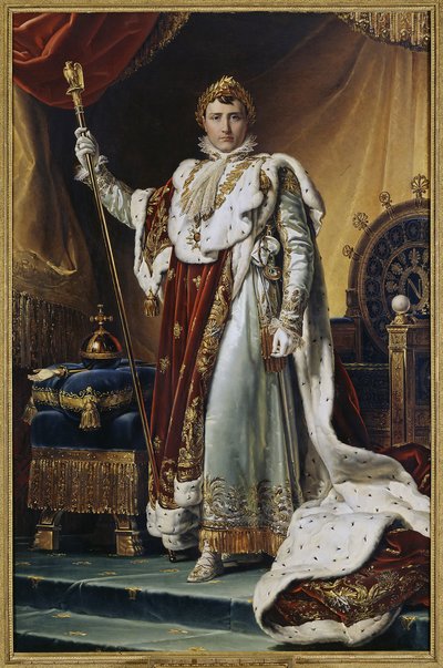 Porträtt av kejsar Napoleon I Bonaparte (1769-1821) i kröningsdräkt. (Porträtt av kejsar Napoleon I Bonaparte i hans kröningsdräkt). Målning av Francois Pascal Simon, baron Gerard (1770-1837), olja på duk, cirka 1804. Fransk konst av Baron François Pascal Simon Gérard
