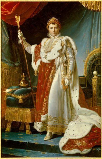 Porträtt till fots av Napoleon I i helig dräkt (1769-1821) Kejsaren av den franska målningen av Francois Gerard (1770-1837). 1805. Dim. 2,23 x 1,43 m. Versailles, musee du Chateau - Hellängdsporträtt av Napoleon I i kröningsdräkt (1769-1821) kejsare av Baron François Pascal Simon Gérard