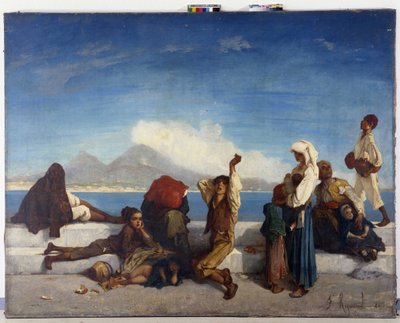 Lazzaroni, karaktärer av det napolitanska folket. Utsikt över Neapelbukten (olja på duk) av Francois Reynaud