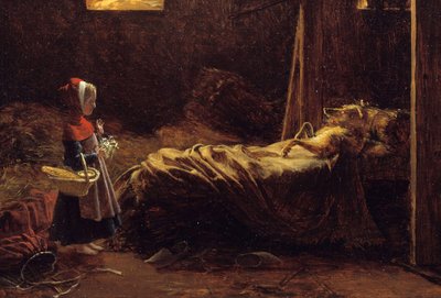 Rödluvan, detalj. Illustration av berättelsen om Charles Perrault, den lilla rödluvan framför vargen utklädd till mormor. Målning av Francois Richard Fleury (1777-1852) 1800-talets sön. 0,35x0,47 m . av Francois Richard Fleury