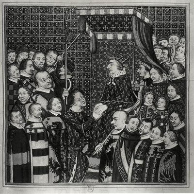 Ludvig II (1337-1410) Greve av Clement, hyllande Karl V (1338-80) kopia av en miniatyr från 1300-talet (akvarell på papper) (s/v foto) av Francois Roger de Gaignieres