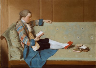 Porträtt av en man liggande på en soffa, läsning, mitten av 1700-talet. av Francois Xavier Vispre