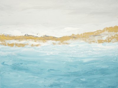 Abstrakt havslandskap i blått och guld av Françoise Wattré