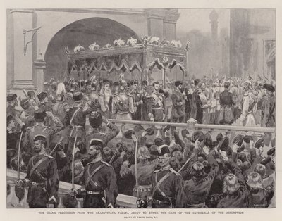 Tsarens procession från Granovitaya Palata på väg att gå in i porten till antagandekatedralen (litho) av Frank (after) Dadd