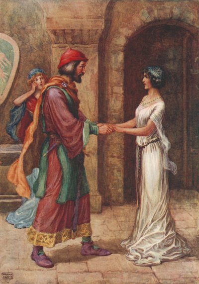 Geraldine och baronen, från Christabel av Samuel Taylor Coleridge (färg litho) av Frank Adams