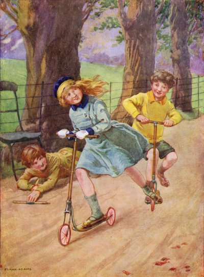 Flicka och pojke som tävlar på skotrar (färg litho) av Frank Adams