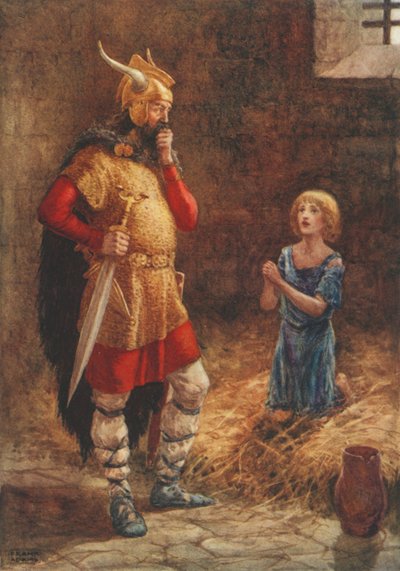 Havelok Begs Mercy of Godard, fra den gamle ballade Havelok the Dane (colour litho)swed av Frank Adams