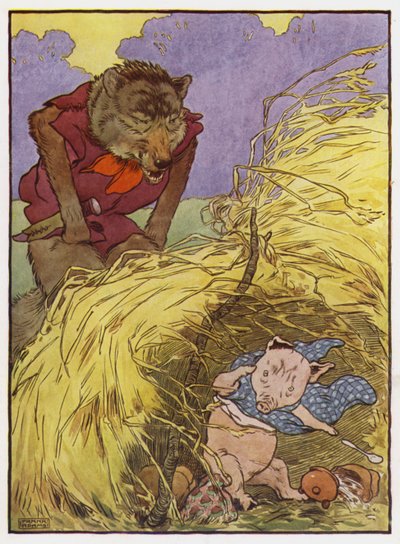 Illustration för De tre små grisarna (färg litho) av Frank Adams