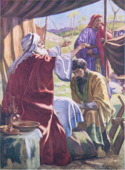 Jakob får välsignelsen, från The Bible Picture Book utgiven av Thomas Nelson, ca 1950 (litografi i färg). av Frank Adams