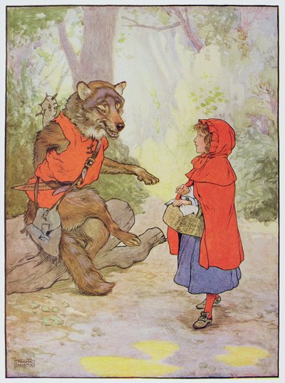 Rödluvan och vargen, illustration från "The Beautiful Book of Nursery Rhymes, Stories and Pictures", av Frank Adams, utgiven av Blackie and Son av Frank Adams