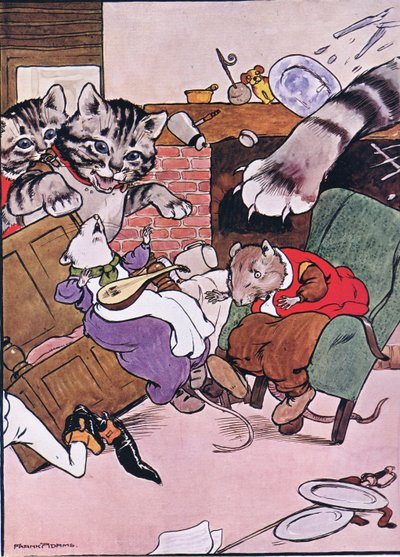 Katten och hennes kattungar kom tumlande in, illustration från "The Frog would a Wooing Go", av Charles H. Bennett, 1916 av Frank Adams
