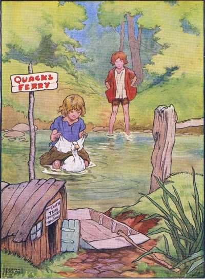 Ankan tog över dem en i taget på hennes rygg, från Hansel and Gretel publicerad av Blackie & Son Limited, ca 1940 av Frank Adams