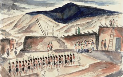 Green Corn Dance, Santa Domingo, N.M., före 1932 (wc på papper) av Frank Applegate