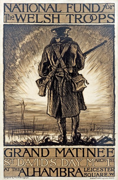 Affisch som annonserar ett insamlingsevenemang för den nationella fonden för de walesiska trupperna, 1 mars 1915, av Frank Brangwyn