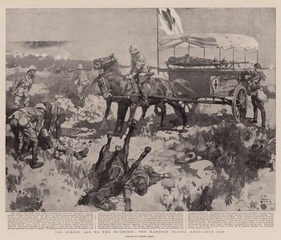 För snabb hjälp till de sårade, Manders flygande ambulansbil (litho) av Frank Craig