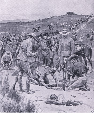 Searching for water, från After Pretoria: The Guerilla War publicerad av Harmsworth Bros Limited, 1901 av Frank Dadd