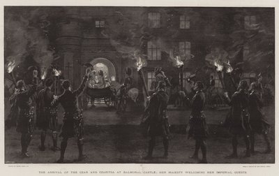 Tsarens och Czaritsas ankomst till slottet Balmoral, Hennes Majestät välkomnar sina kejserliga gäster av Frank Dadd