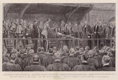 Stadens hyllning till sirdaren, överborgmästaren överlämnar ett hederssvärd till Lord Kitchener i Guildhall. av Frank Dadd