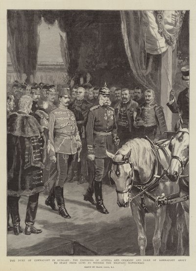 Hertigen av Connaught i Ungern, kejsarna av Österrike och Tyskland och hertigen av Connaught på väg att börja från Guns för att bevittna de militära manövrarna av Frank Dadd