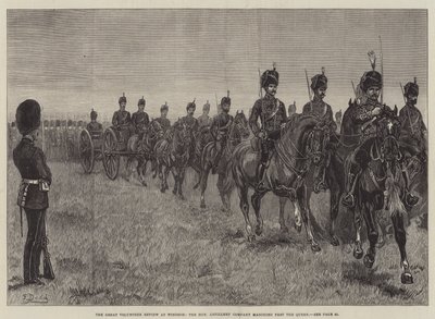 Den stora frivilligutställningen i Windsor, det hedervärda artillerikompaniet marscherar förbi drottningen. av Frank Dadd