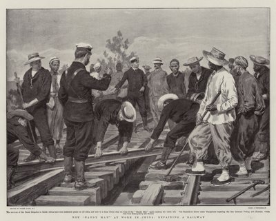 Den händige mannen på jobbet i Kina, som reparerar en järnväg av Frank Dadd