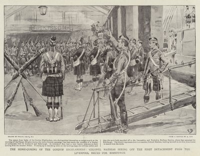 Gordon Highlanders hemkomst, överste Mathias som förflyttade den första gruppen från Liverpools hamnar till Edinburgh. av Frank Dadd