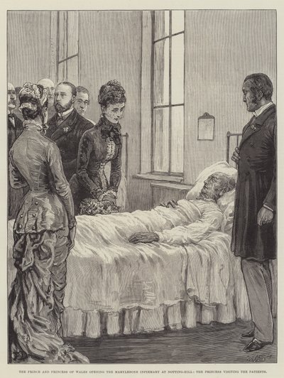 Prinsen och prinsessan av Wales öppnar Marylebone Infirmary i Notting-Hill, prinsessan besöker patienterna av Frank Dadd