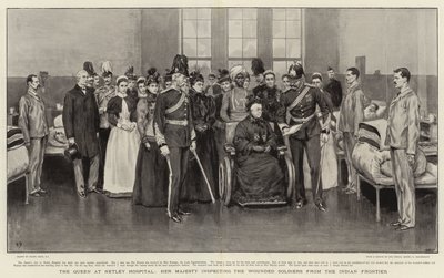 Drottningen på Netley Hospital, Hennes Majestät inspekterar de sårade soldaterna från Indian Frontier av Frank Dadd