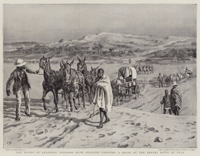 The Rising in Rhodesia, vagnar med förnödenheter som korsar en drift av Shashifloden vid Tuli av Frank Dadd