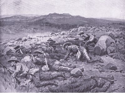 Med Queensland Imperial Bushmen vid Rhenoster Kop 29 november 1900, illustration från After Pretoria: The Guerilla War, 1902 av Frank Dadd