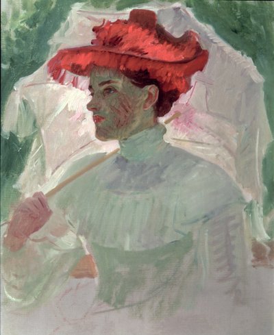 Kvinna med röd hatt och parasoll av Frank Duveneck