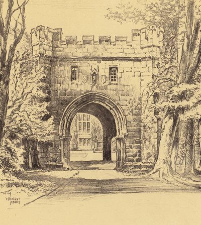 Whalley Abbey, Den nordöstra porten (litografi) av Frank Greenwood