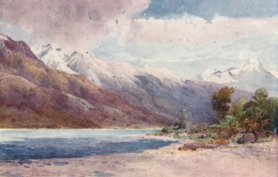 Nya Zeeland: Vid Wakatipu-sjöns huvud (färglitografi) av Frank H Wright