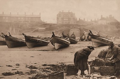 Kvinnor lastar fisk i korgar från fiskebåtarna, Whitby Harbor av Frank Meadow Sutcliffe