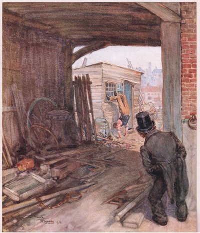 Väl framme vid sin destination var det första han såg ett par mycket ofullständigt skodda fötter i luften, ca 1920 (färglitografi) av Frank Reynolds