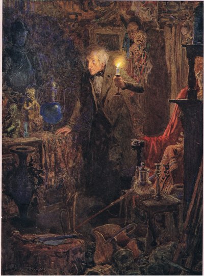 Han var en liten gammal man med långt grått hår, vars ansikte och figur, när han höll ljuset över huvudet och tittade framför sig, ca 1920 (färglitografi) av Frank Reynolds