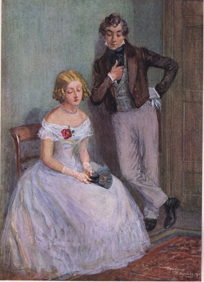 "Jag är säker på att jag inte vet vad du menar, Mr Swiveller", sa Miss Sophy med nedslagna ögon , ca 1920 (färglitografi) av Frank Reynolds