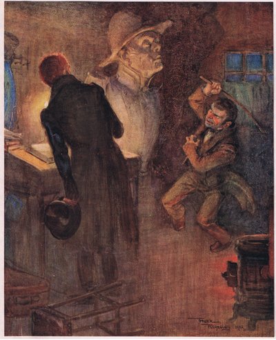 Dvärgen kastade ifrån sig den tidning ur vilken han hade skanderat de redan citerade orden och grep en rostjärnsstång, ca 1920 (färglitografi) av Frank Reynolds