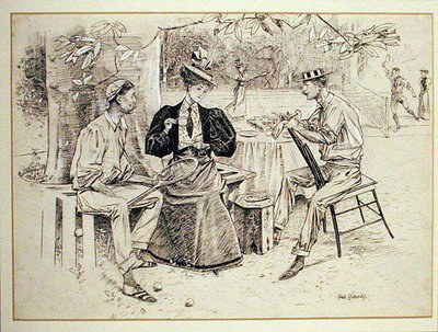 Te och tennis (penna och bläck med kroppsfärg på papper) av Frank Richards