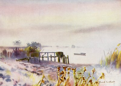 Norfolk Broads: Frosty Sunrise på Ormesby Broad (färg litho) av Frank Southgate