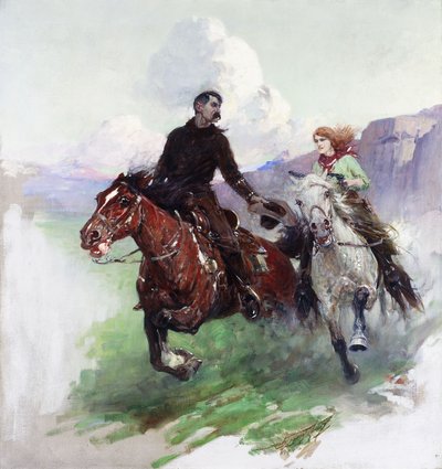 Rider hårt med två skyttar av Frank Tenney Johnson