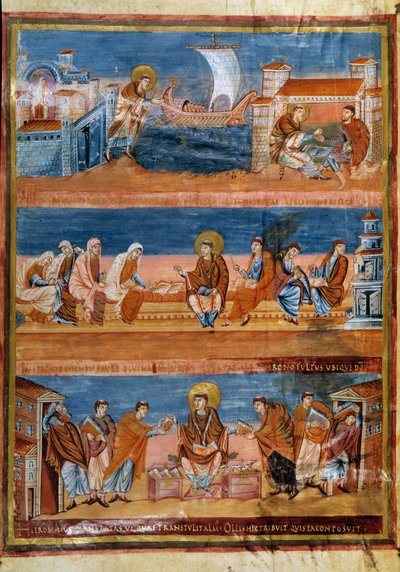 Den helige Hieronymus lämnar Rom och betalar sin lärare i Jerusalem (överst), arbetar med sina skriftlärda (mitten) och distribuerar Vulgata (nederst). Miniatyr i "" Första Bibeln av Karl den skallige, även känd som Bibeln om Vivien"" (Folio 3v), 845-846.  av Frankish School