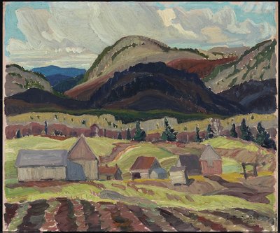 Gårdsbyggnader, La Cloche, 1932 (olja på laminerad kartong) av Franklin Carmichael
