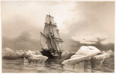 Corvette La Recherche nära Bear Island den 7 augusti 1838 från Voyages en Scandinavia 1852. av François Auguste Biard